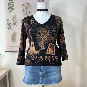 Vtg 90s Y2k Paris Eiffel Tower 3/4 Sleeve Top Fairy Grunge Whimsigoth Witchy L